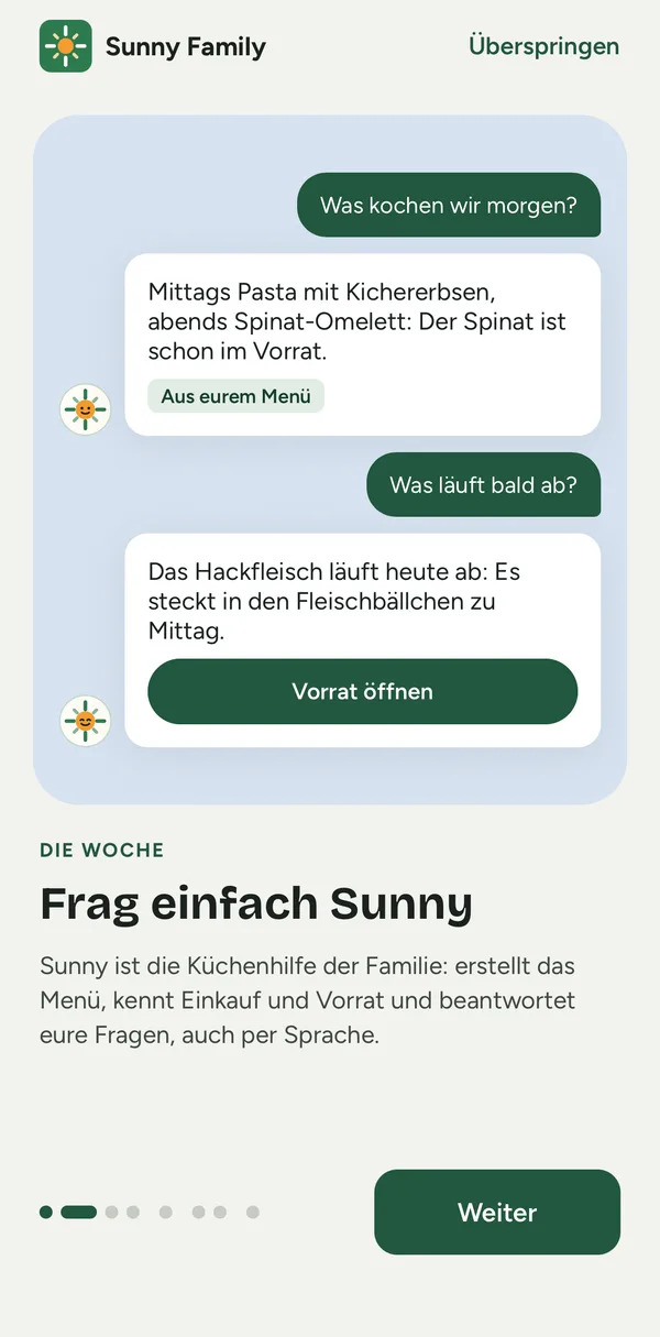 App-Bildschirm: Sunny beantwortet Fragen zu Menü und Vorrat