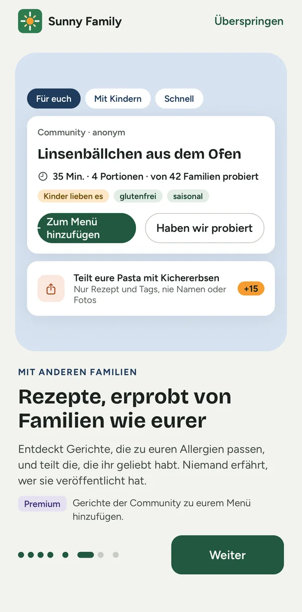 App-Bildschirm: ein Community-Rezept, das zu den Allergien der Familie passt