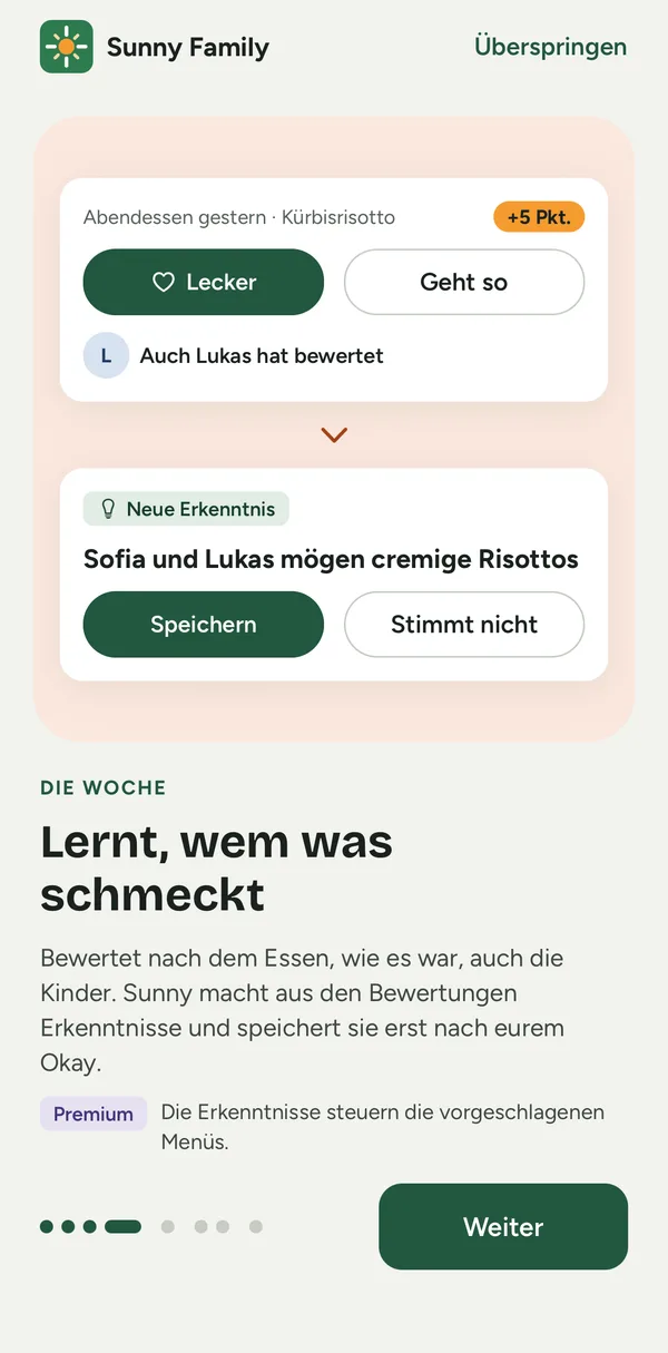 App-Bildschirm: eine Mahlzeit bewerten und die Erkenntnis, die Sunny vorschlägt