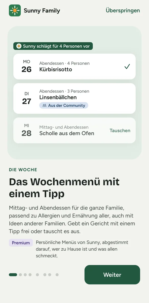 Bildschirm der App Sunny Family: das Wochenmenü mit Gerichten zum Freigeben oder Tauschen