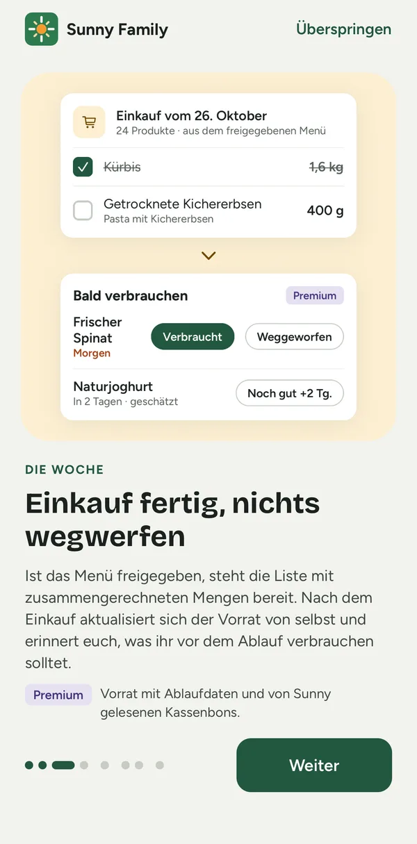 App-Bildschirm: die Einkaufsliste aus dem Menü und Produkte im Vorrat, die bald ablaufen