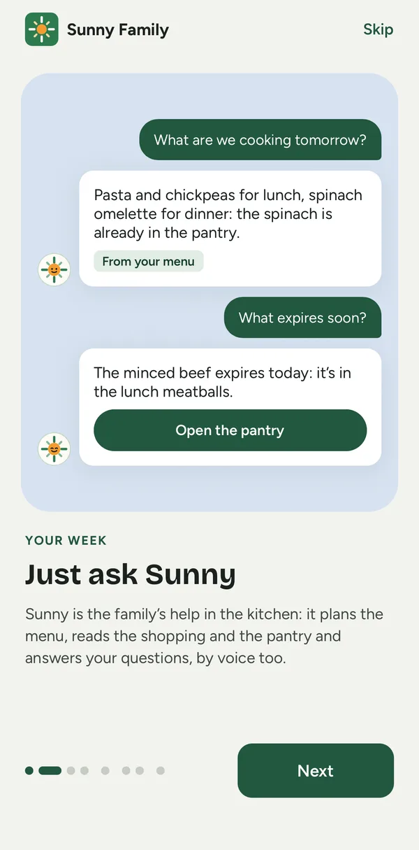 App screen: Sunny answers questions about the menu and the pantry