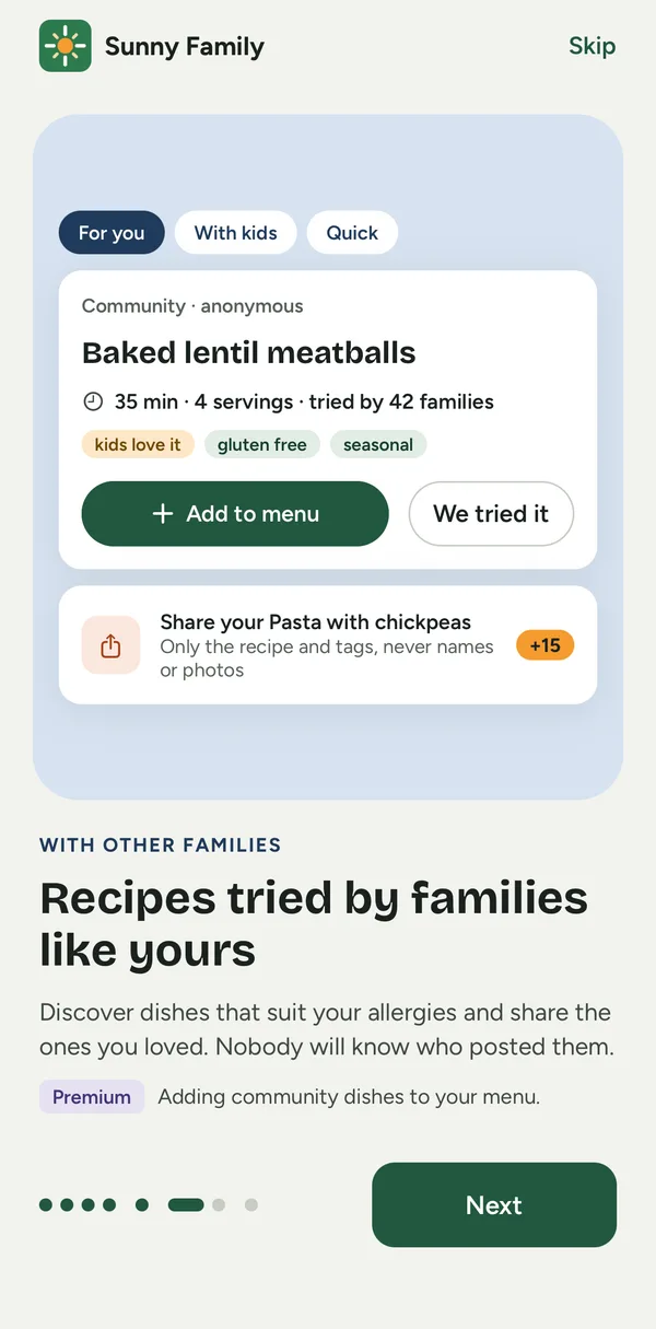 App screen: a community recipe that suits the family’s allergies