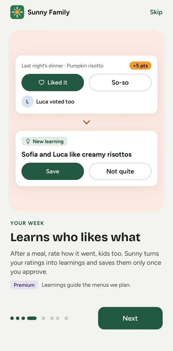 App screen: rating a meal and the learning Sunny suggests