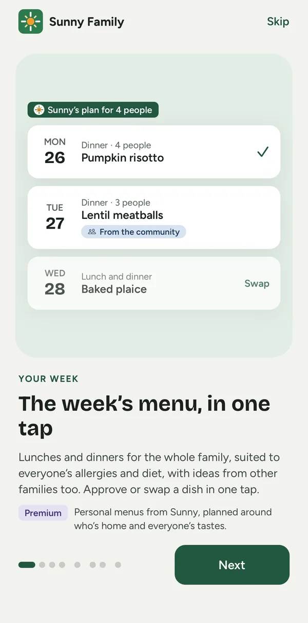 Sunny Family app screen: the week’s menu with dishes to approve or swap