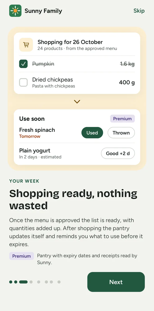 App screen: the shopping list from the menu and pantry items that expire soon