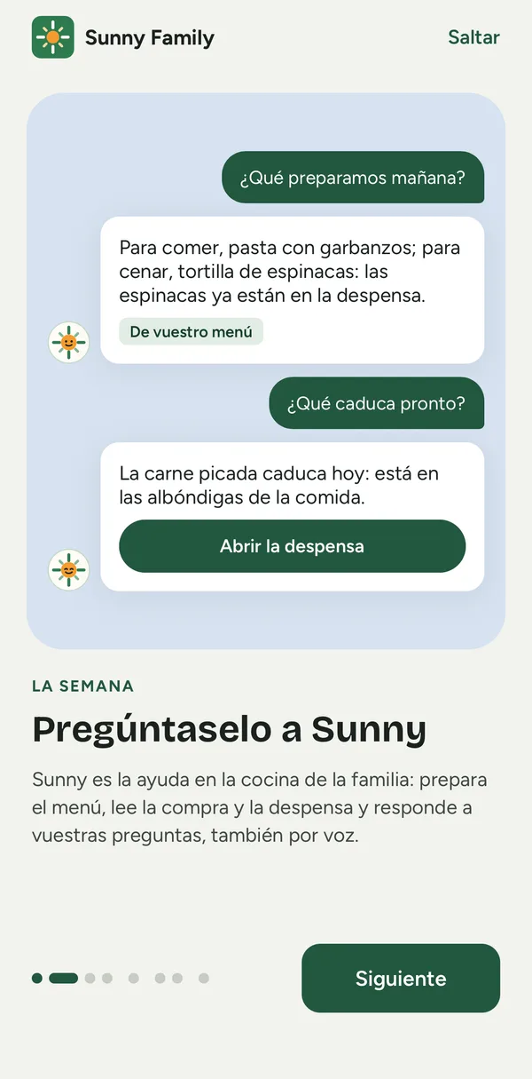 Pantalla de la app: Sunny responde preguntas sobre el menú y la despensa