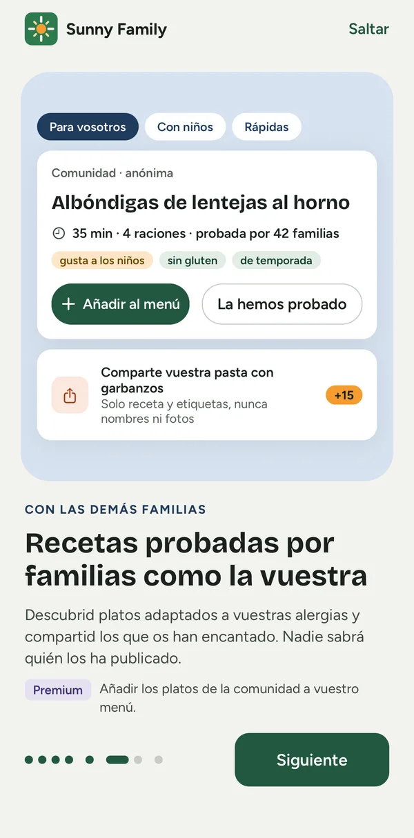 Pantalla de la app: una receta de la comunidad adaptada a las alergias de la familia