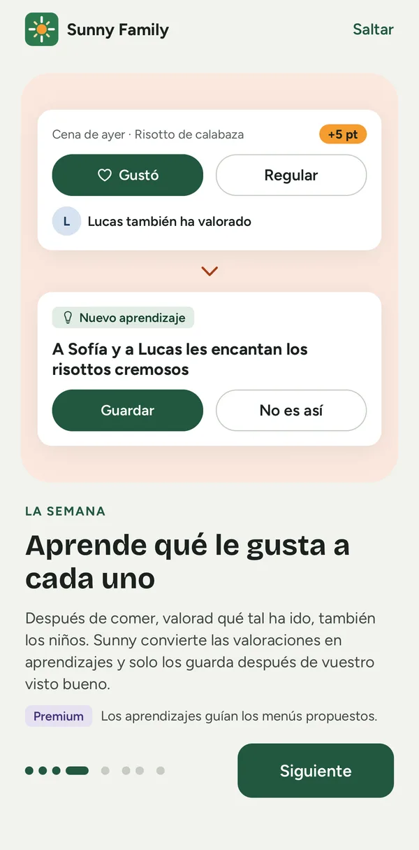 Pantalla de la app: la valoración de una comida y el aprendizaje que propone Sunny