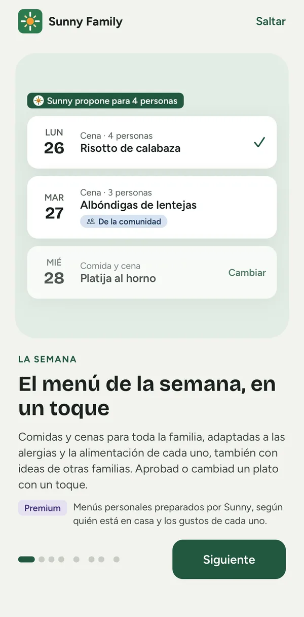 Pantalla de la app Sunny Family: el menú de la semana con platos para aprobar o cambiar