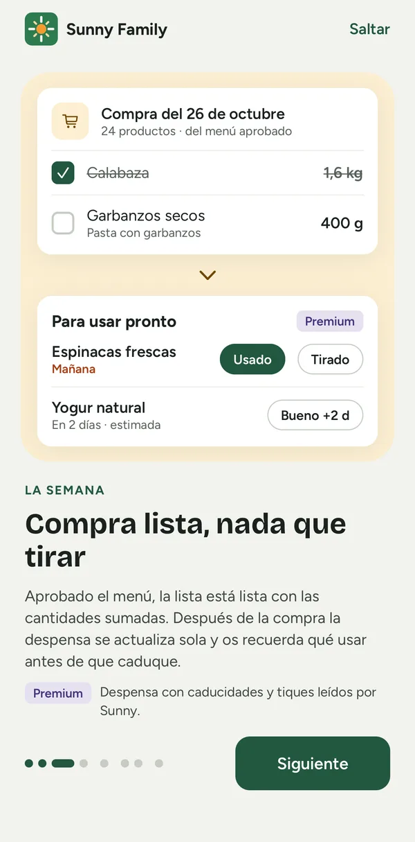 Pantalla de la app: la lista de la compra del menú y productos de la despensa que caducan pronto
