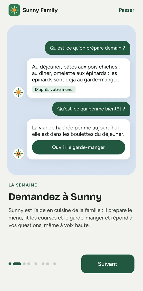 Écran de l’app : Sunny répond aux questions sur le menu et le garde-manger