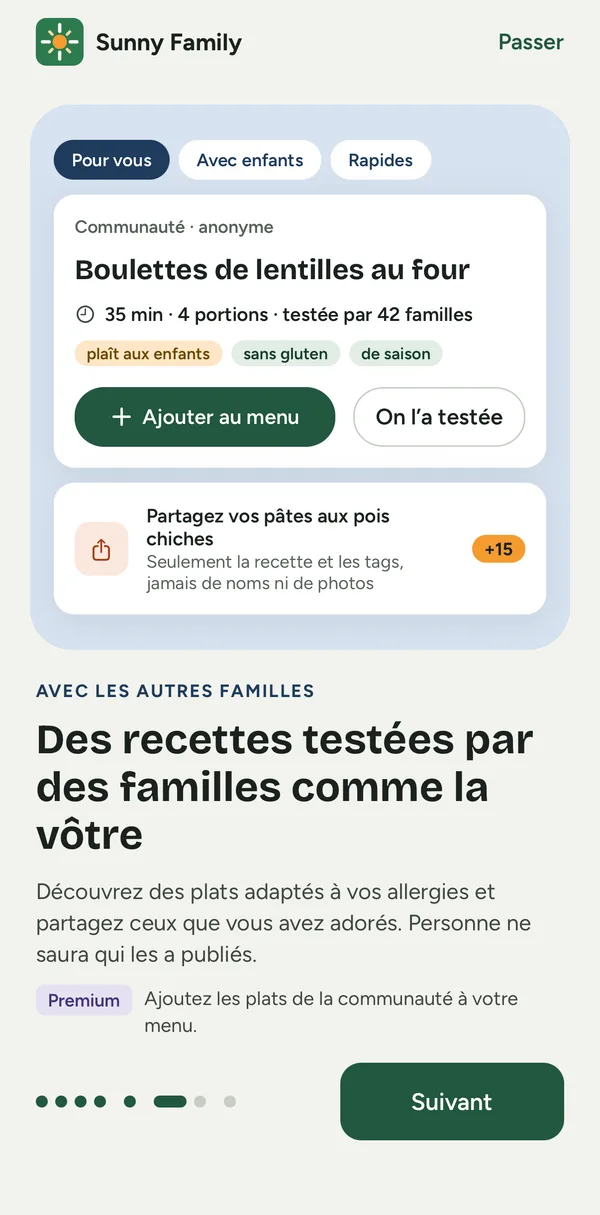 Écran de l’app : une recette de la communauté adaptée aux allergies de la famille