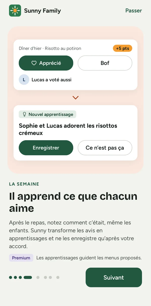 Écran de l’app : la note d’un repas et l’apprentissage proposé par Sunny