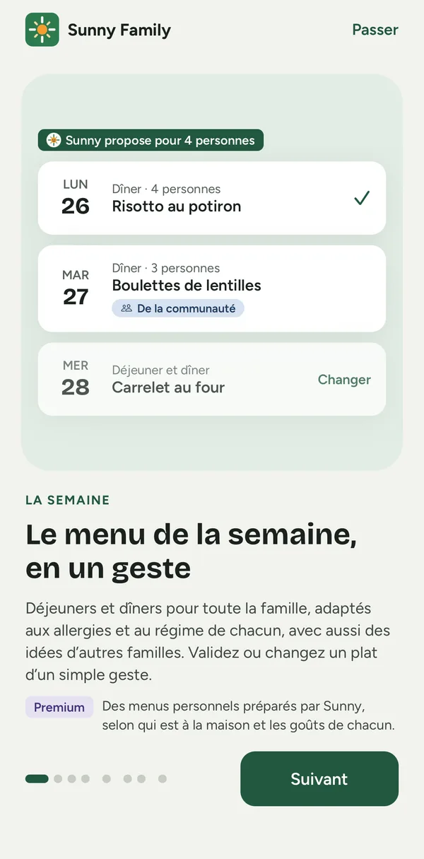 Écran de l’app Sunny Family : le menu de la semaine avec les plats à valider ou changer