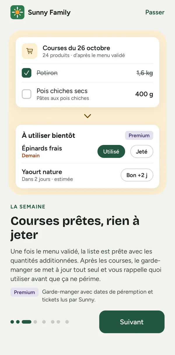 Écran de l’app : la liste de courses issue du menu et les produits du garde-manger qui périment bientôt