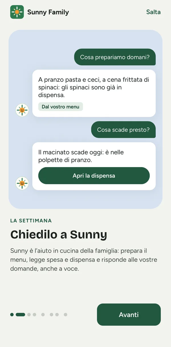 Schermata dell’app: Sunny risponde a domande su menu e dispensa