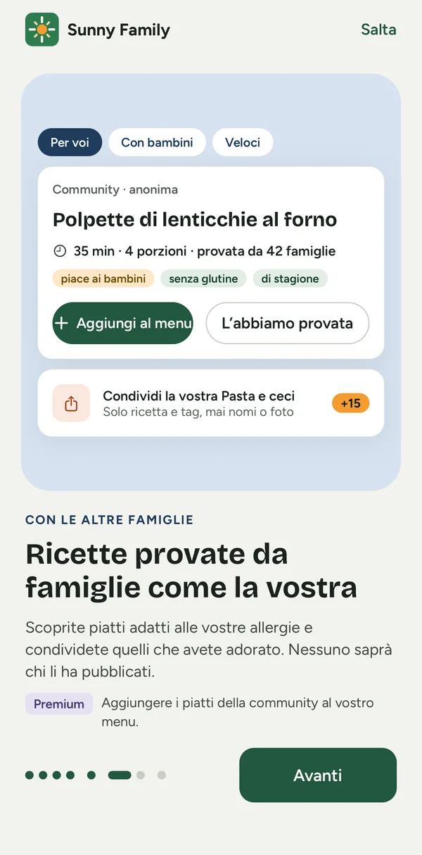 Schermata dell’app: una ricetta della community adatta alle allergie della famiglia