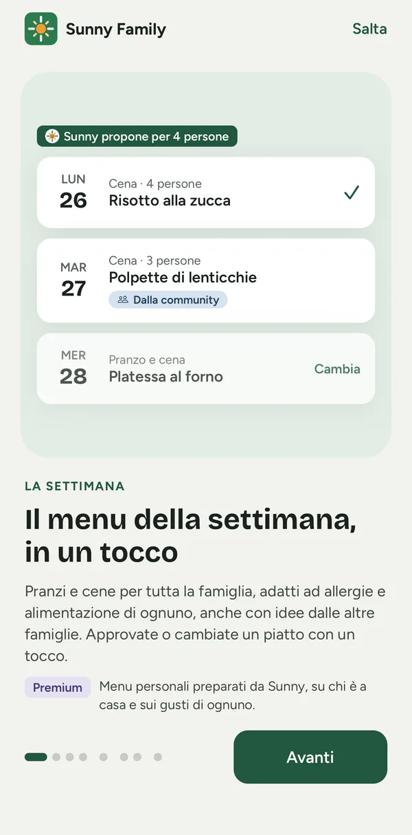 Schermata dell’app Sunny Family: il menu della settimana con i piatti da approvare o cambiare