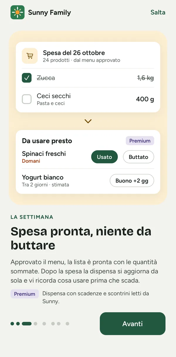 Schermata dell’app: la lista della spesa dal menu e i prodotti in dispensa che scadono presto