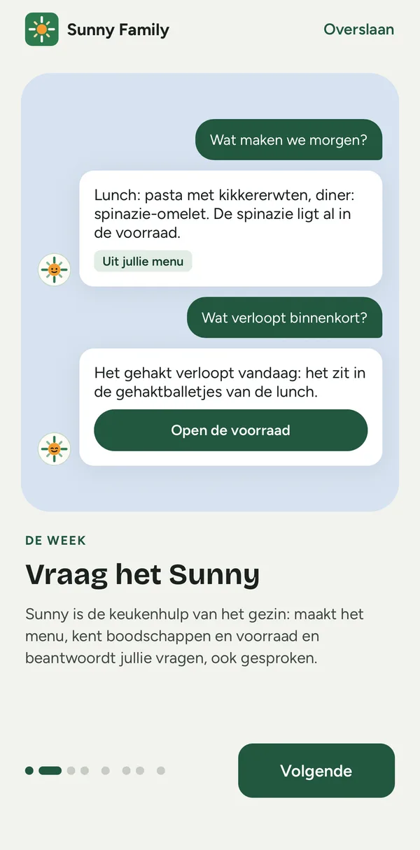 App-scherm: Sunny beantwoordt vragen over menu en voorraad