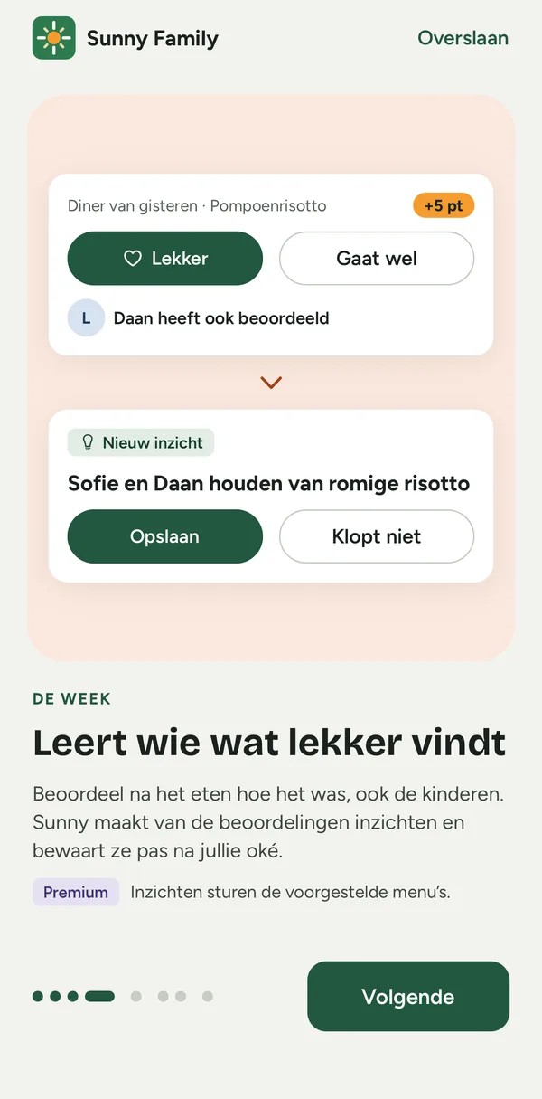 App-scherm: een maaltijd beoordelen en het inzicht dat Sunny voorstelt