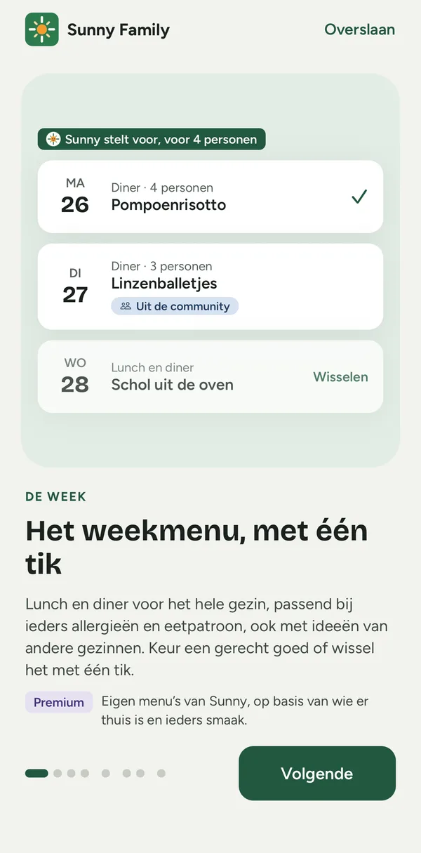 Scherm van de app Sunny Family: het weekmenu met gerechten om goed te keuren of te wisselen