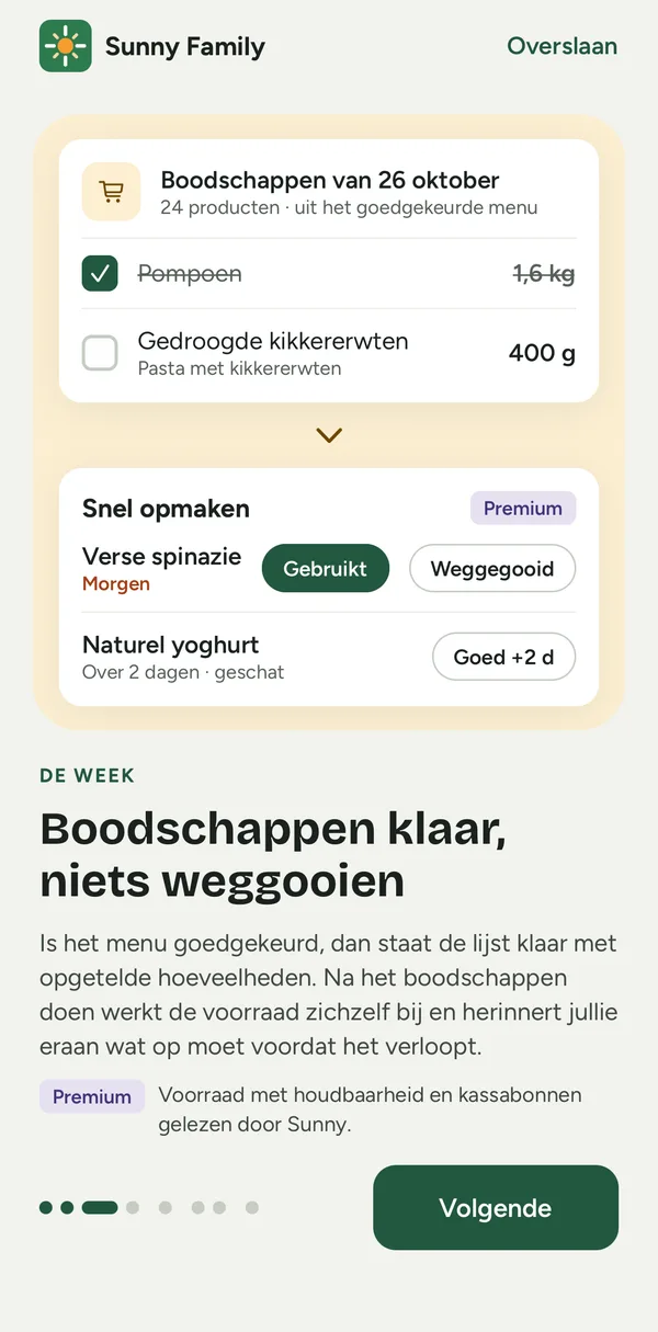 App-scherm: de boodschappenlijst uit het menu en producten in de voorraad die bijna verlopen