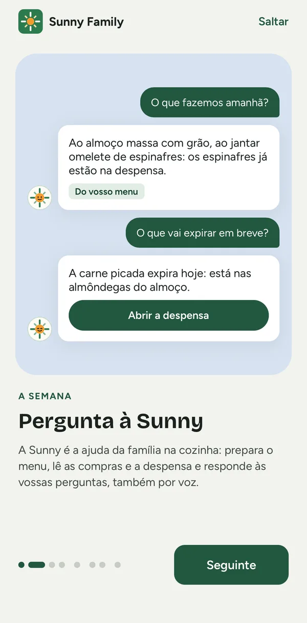 Ecrã da app: a Sunny responde a perguntas sobre o menu e a despensa