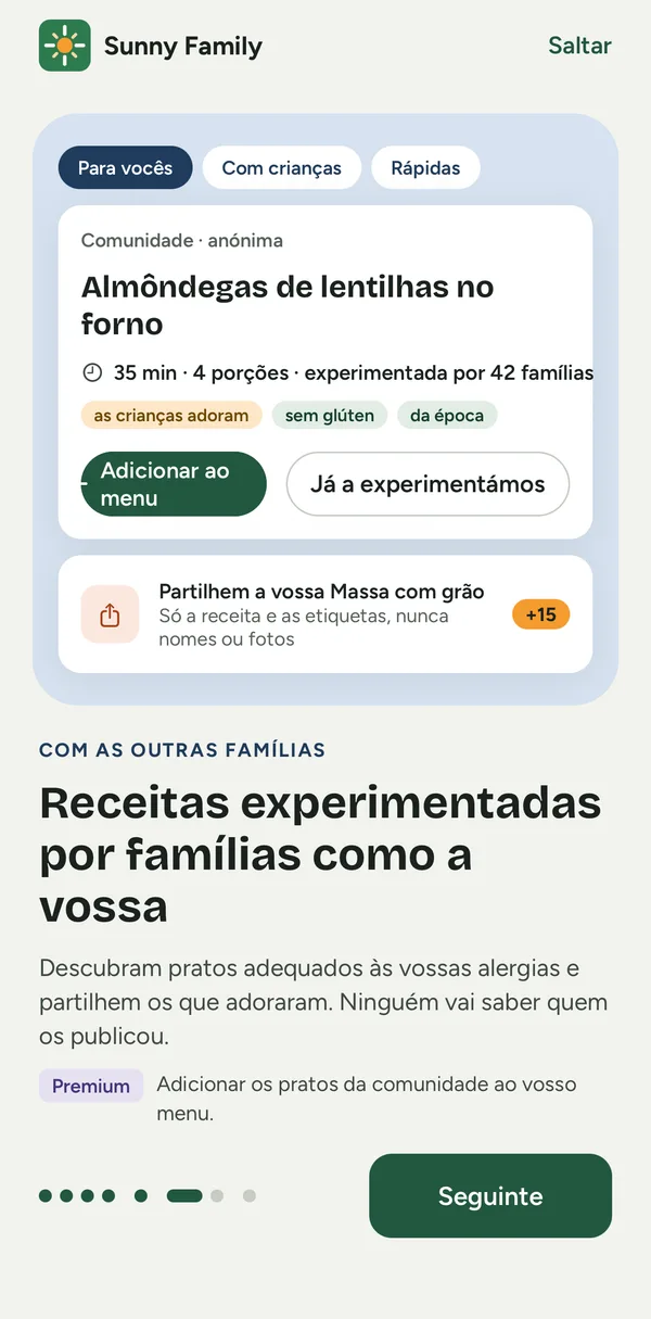 Ecrã da app: uma receita da comunidade adequada às alergias da família