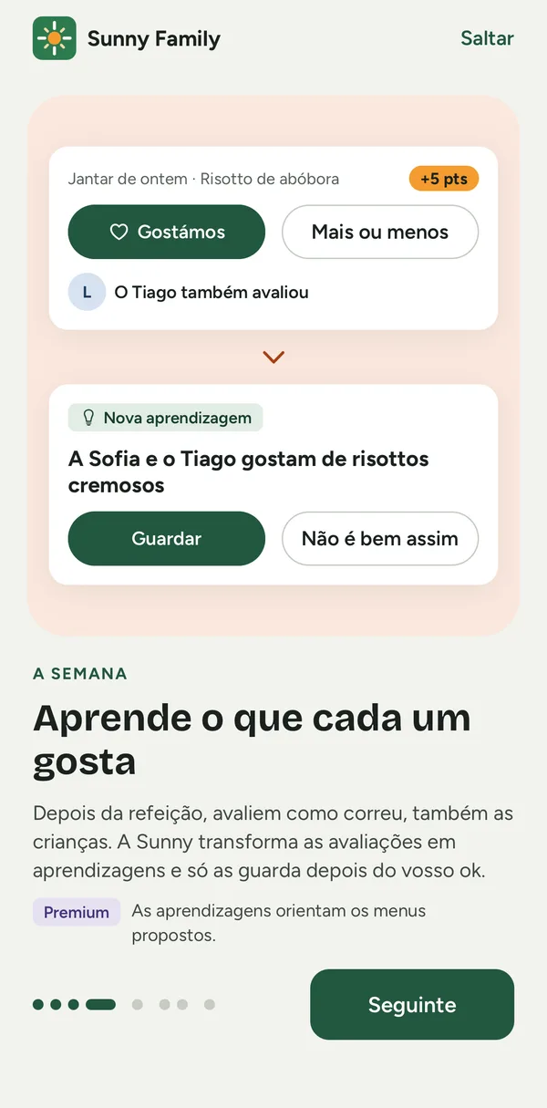 Ecrã da app: a avaliação de uma refeição e a aprendizagem proposta pela Sunny
