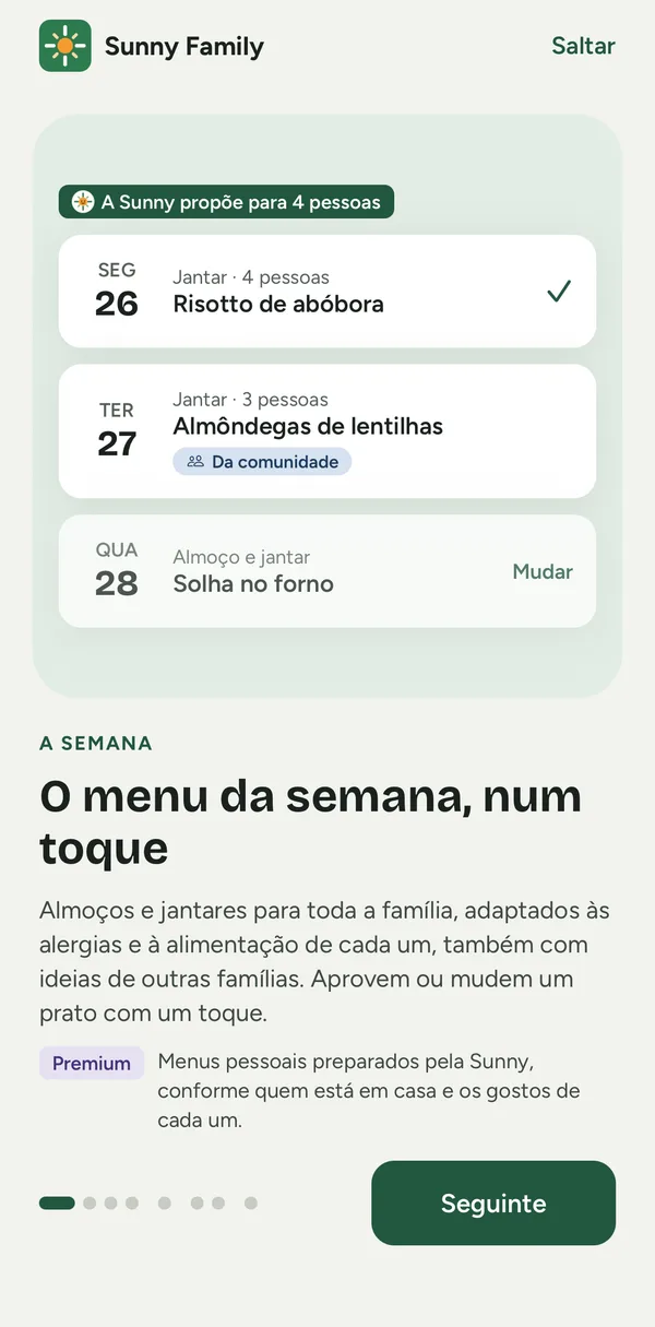 Ecrã da app Sunny Family: o menu da semana com pratos para aprovar ou mudar