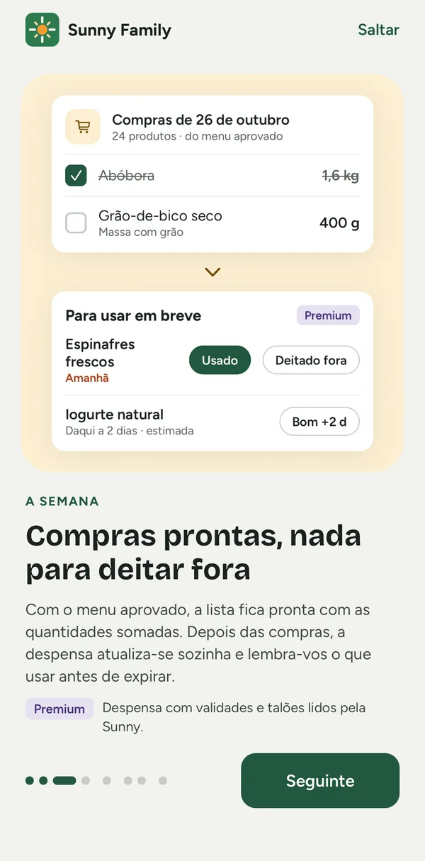 Ecrã da app: a lista de compras a partir do menu e produtos da despensa que expiram em breve